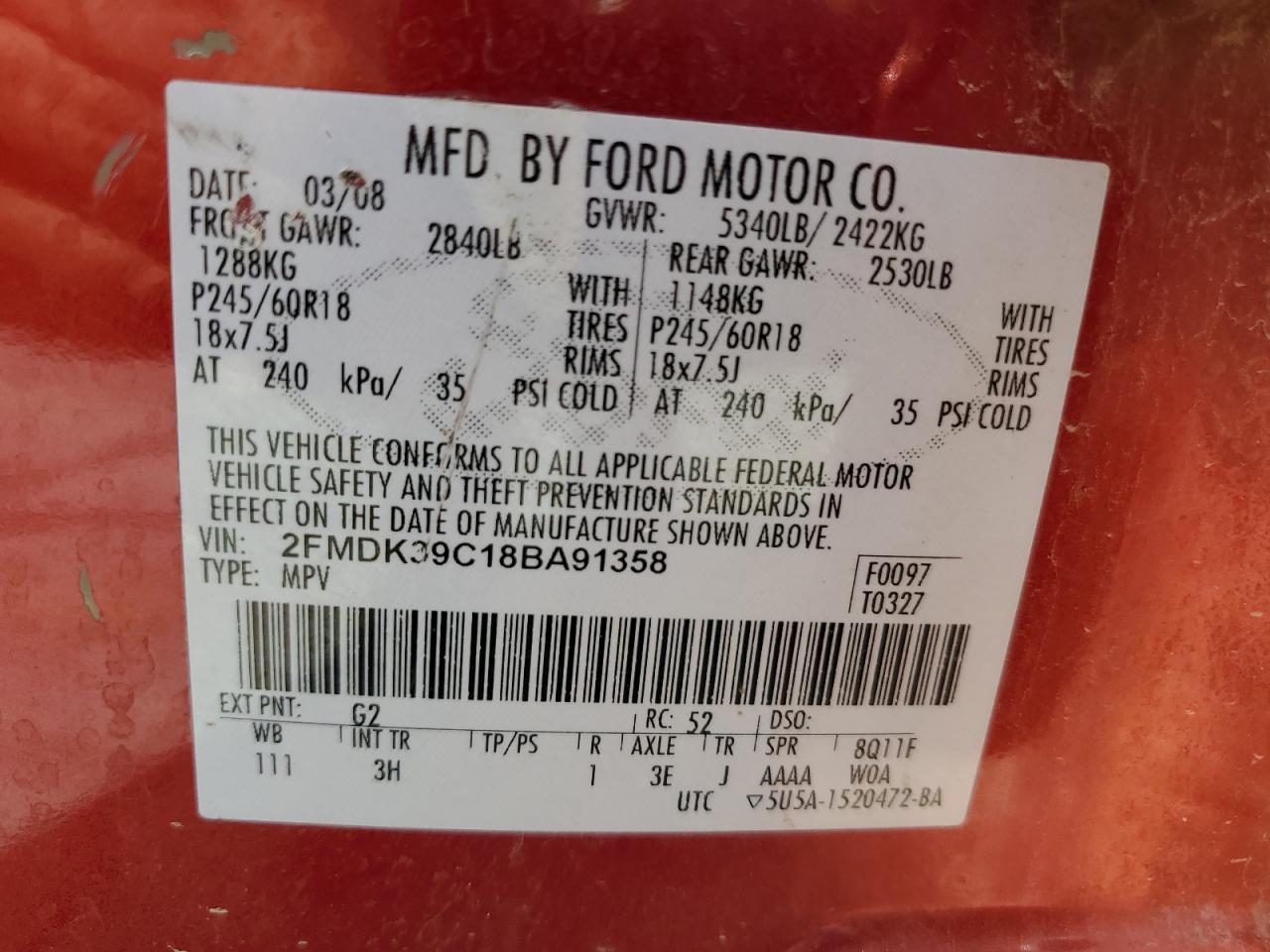 2008 Ford Edge Limited VIN: 2FMDK39C18BA91358 Lot: 61541105