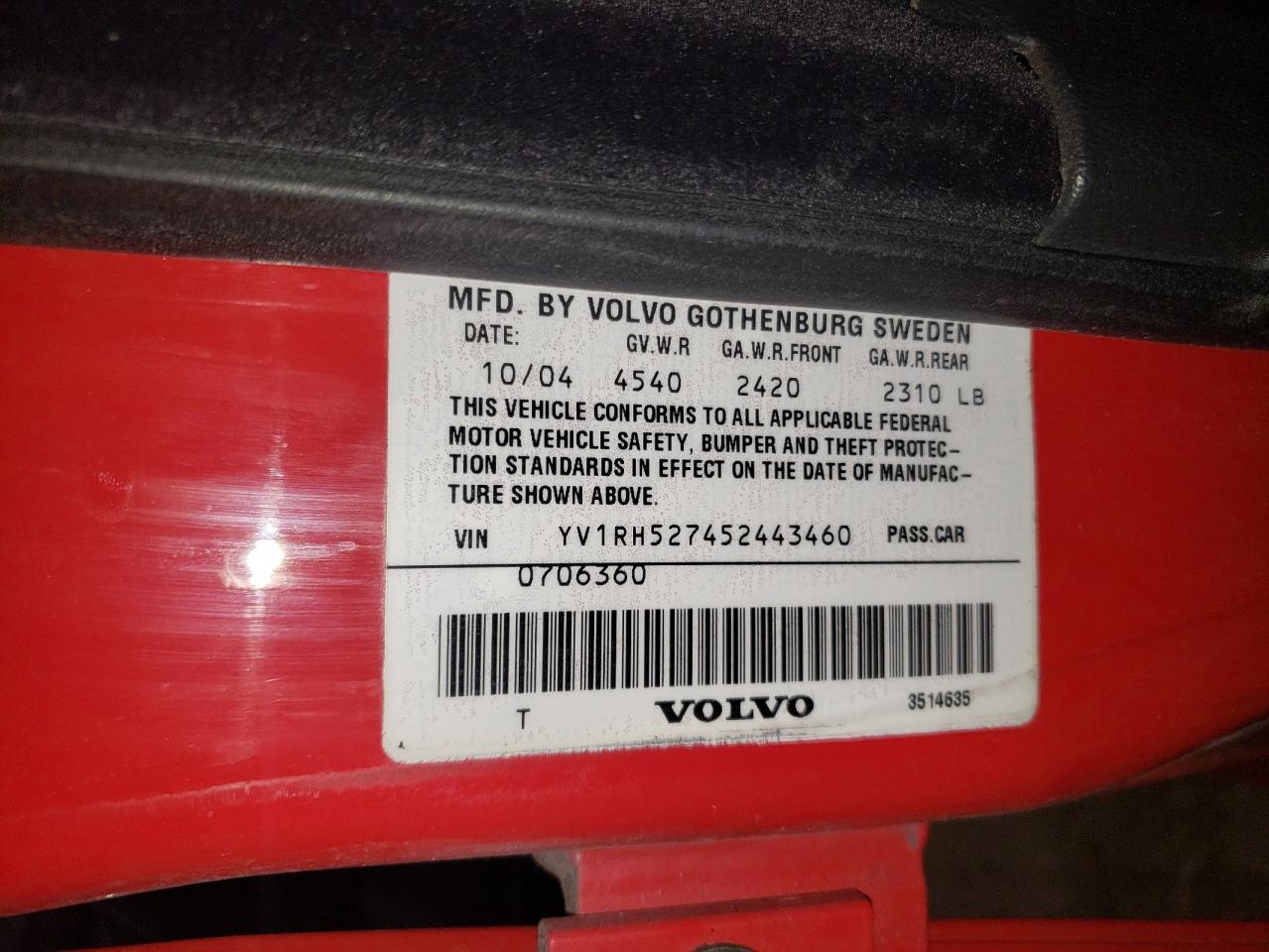 2005 Volvo S60 R VIN: YV1RH527452443460 Lot: 62702305