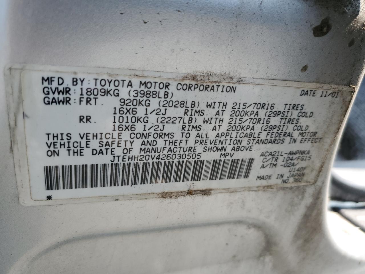 2002 Toyota Rav4 VIN: JTEHH20V426030505 Lot: 60264105
