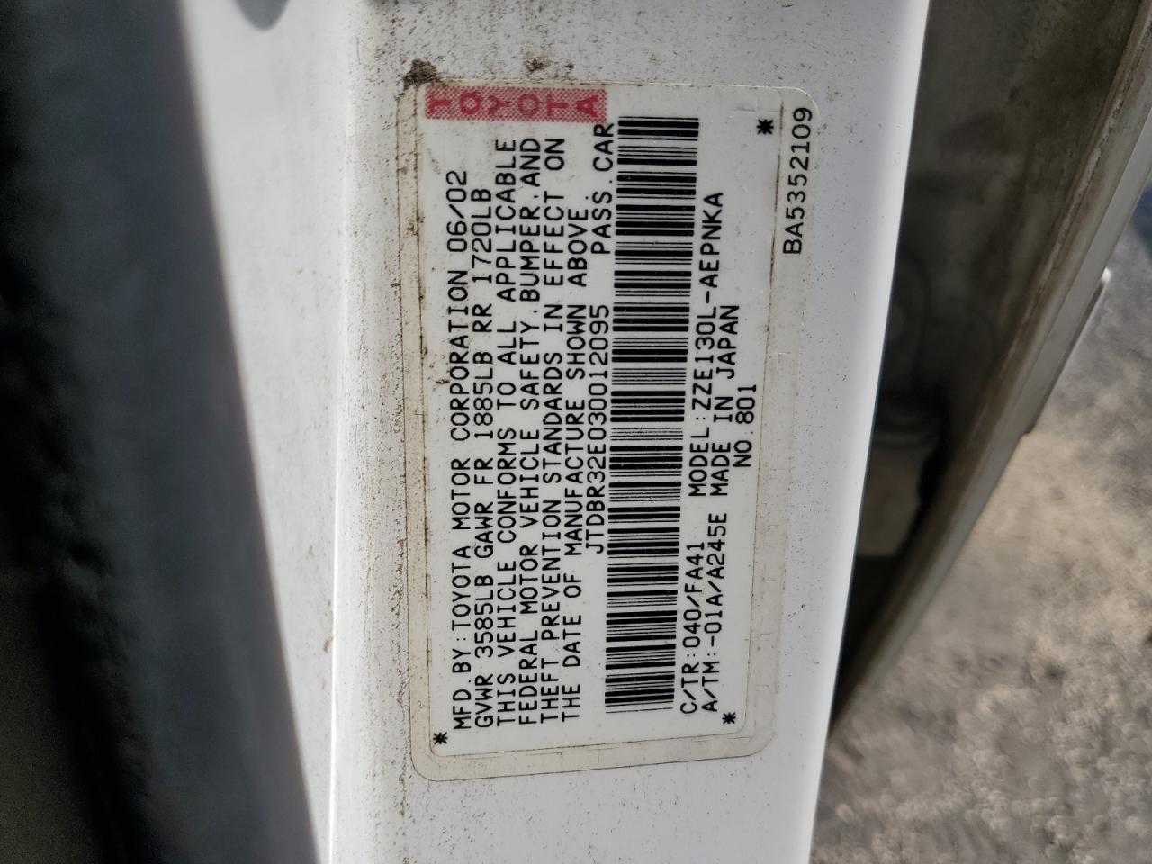 2003 Toyota Corolla Ce VIN: JTDBR32E030012095 Lot: 61901855
