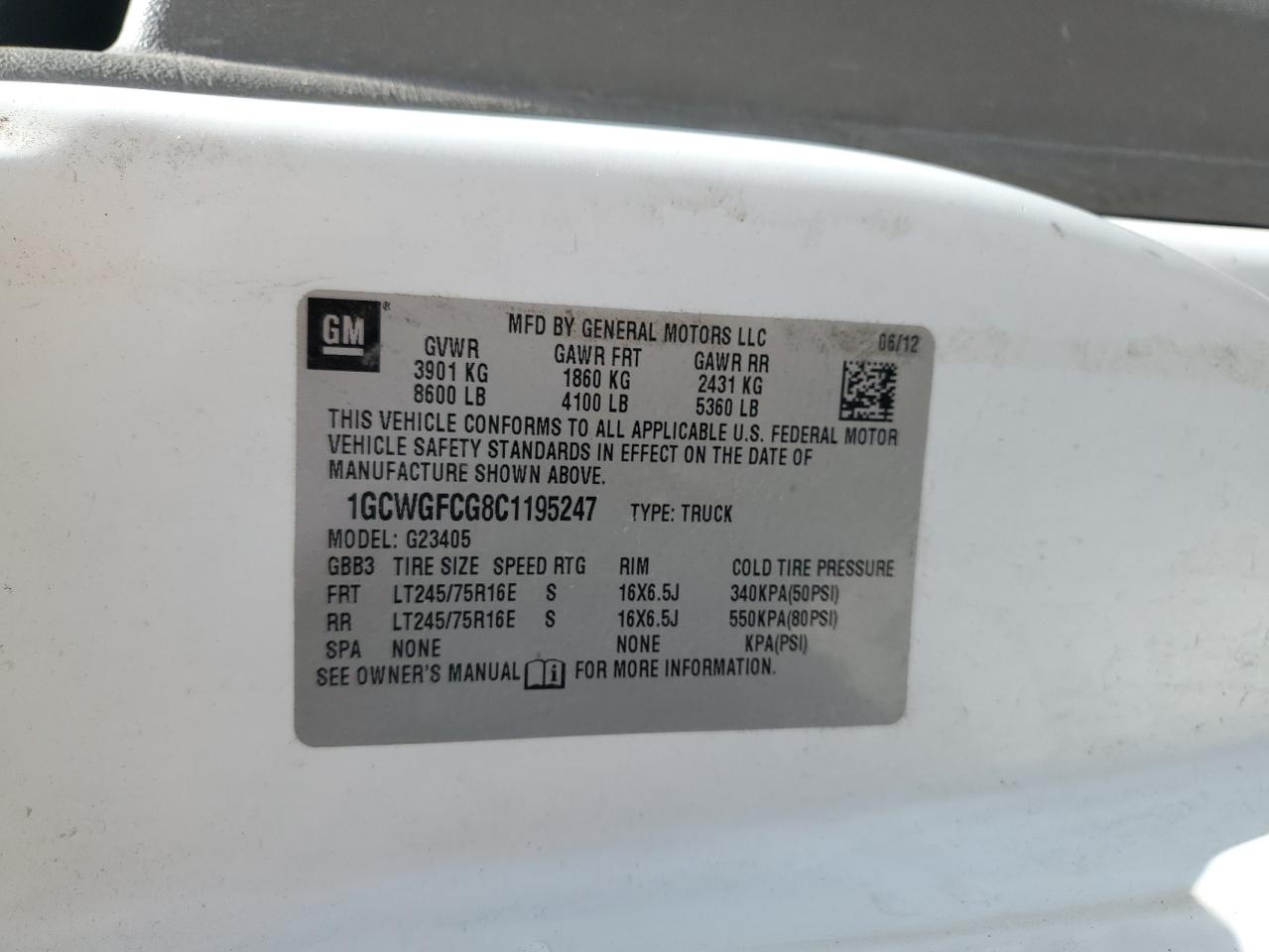 2012 Chevrolet Express G2500 VIN: 1GCWGFCG8C1195247 Lot: 61041805
