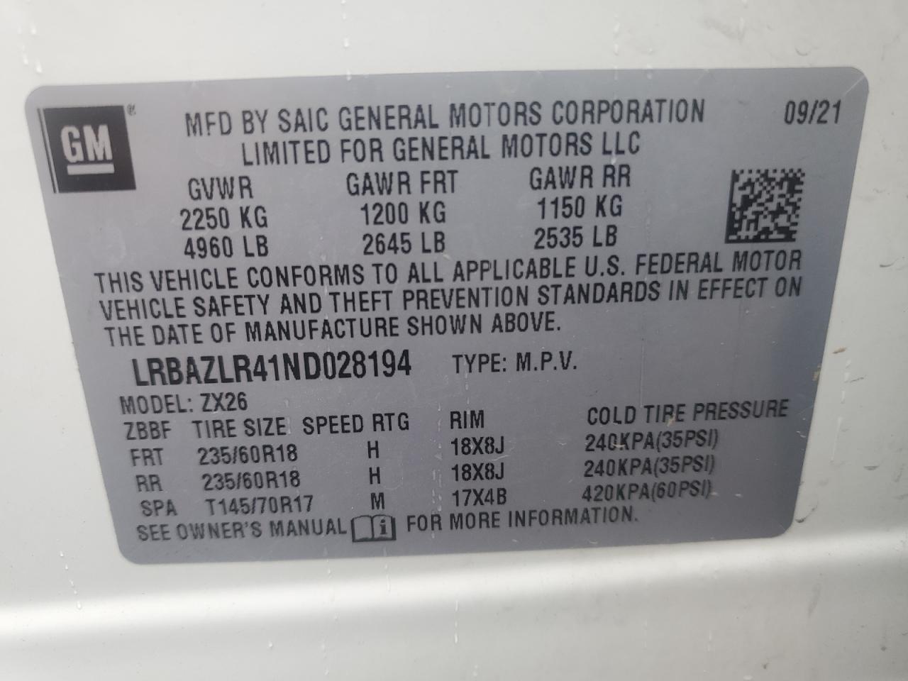 2022 Buick Envision Preferred VIN: LRBAZLR41ND028194 Lot: 61386605