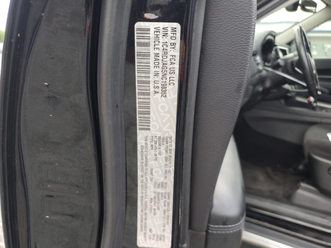 2022 Dodge Durango Sxt VIN: 1C4RDJAG5NC198352 Lot: 59379435