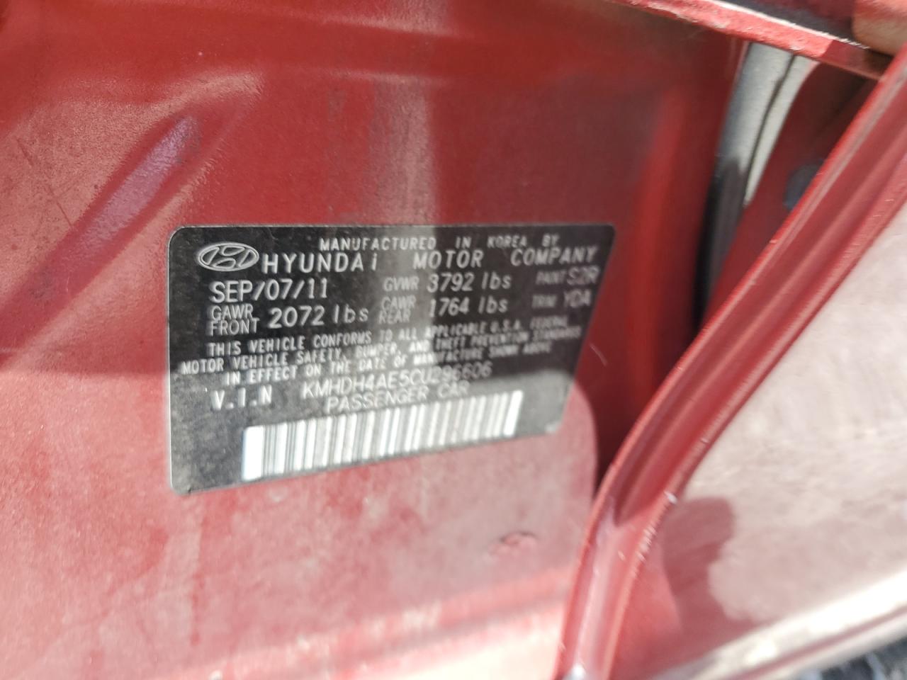 2012 Hyundai Elantra Gls VIN: KMHDH4AE5CU296606 Lot: 60137415