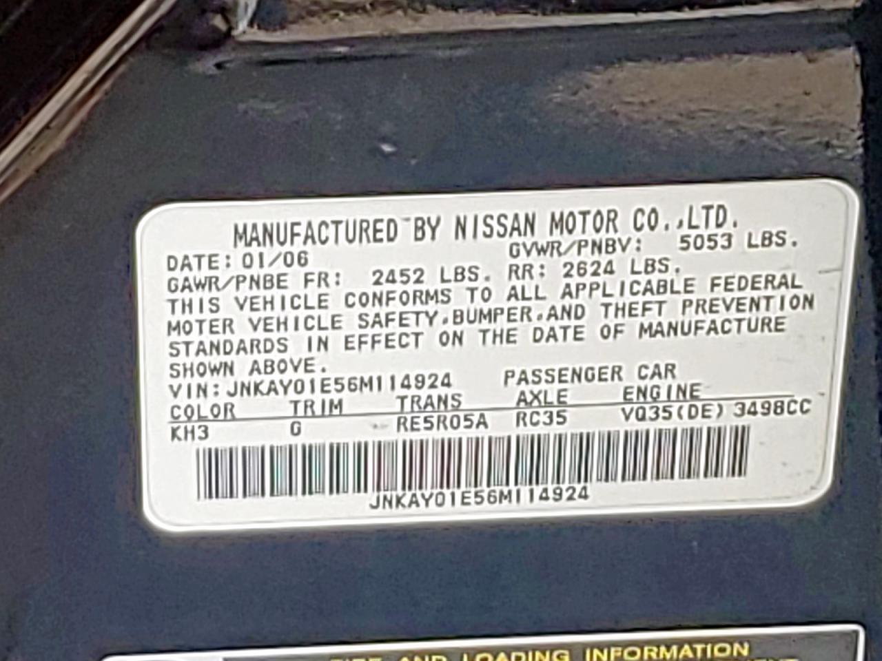 2006 Infiniti M35 Base VIN: JNKAY01E56M114924 Lot: 59532445