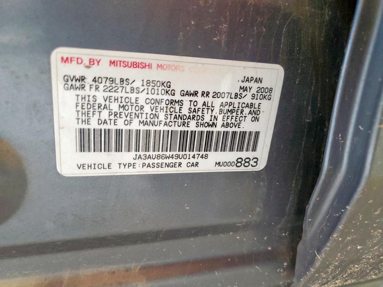 2009 Mitsubishi Lancer Gts VIN: JA3AU86W49U014748 Lot: 66670655