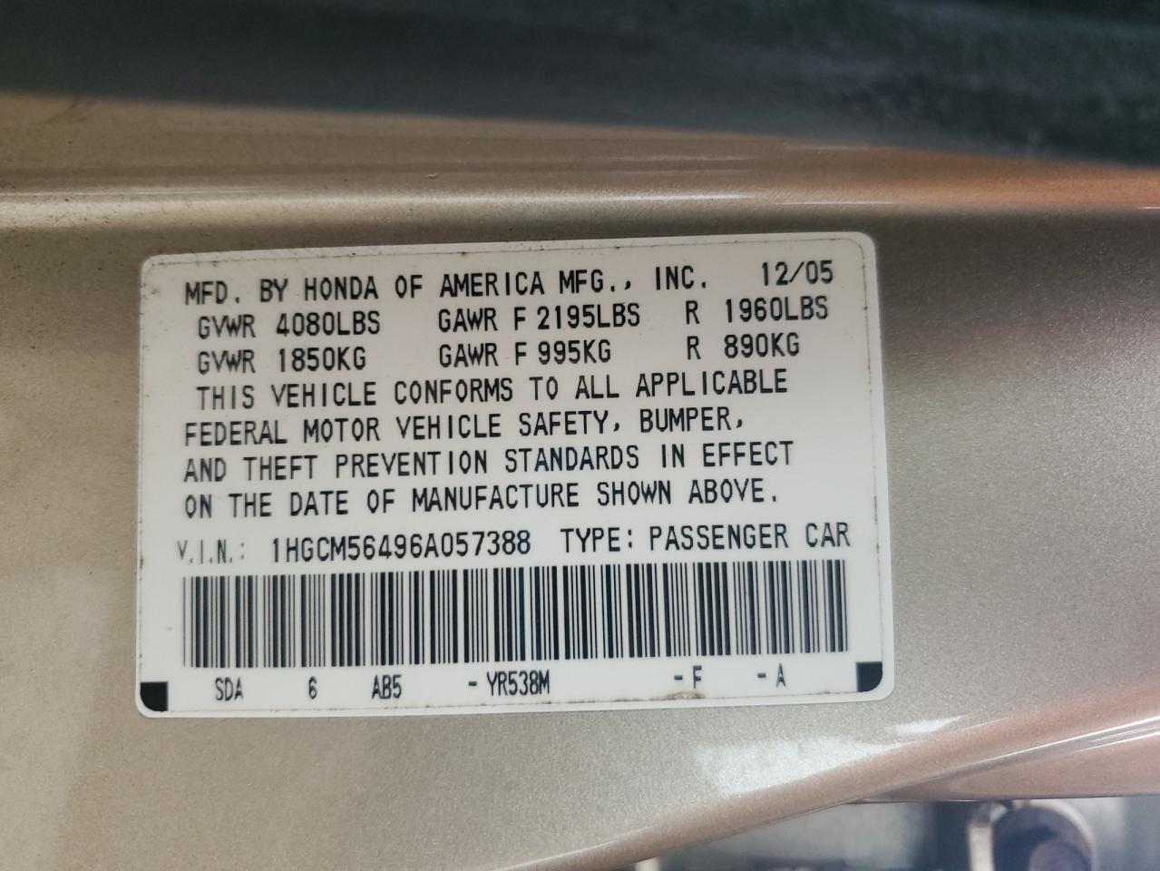 2006 Honda Accord Lx VIN: 1HGCM56496A057388 Lot: 59794425