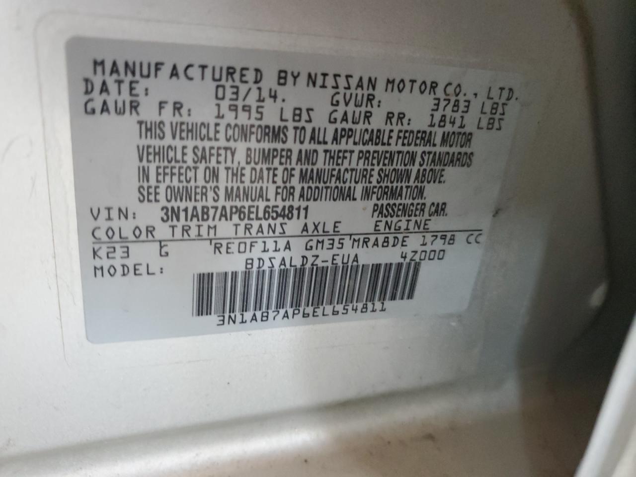 2014 Nissan Sentra S VIN: 3N1AB7AP6EL654811 Lot: 62137375