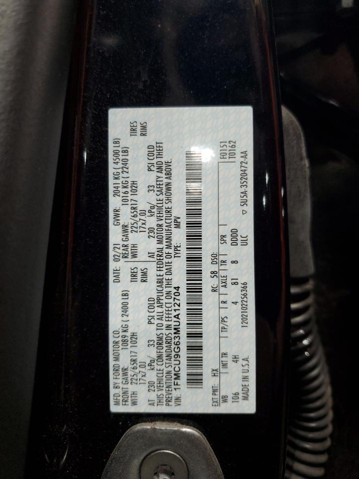 2021 Ford Escape Se VIN: 1FMCU9G63MUA12704 Lot: 61854545