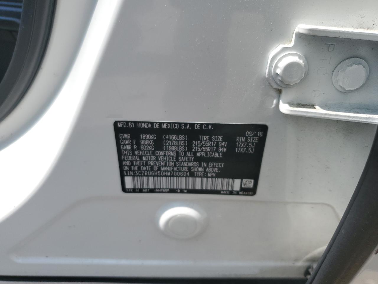 2017 Honda Hr-V Ex VIN: 3CZRU6H50HM700604 Lot: 62819905