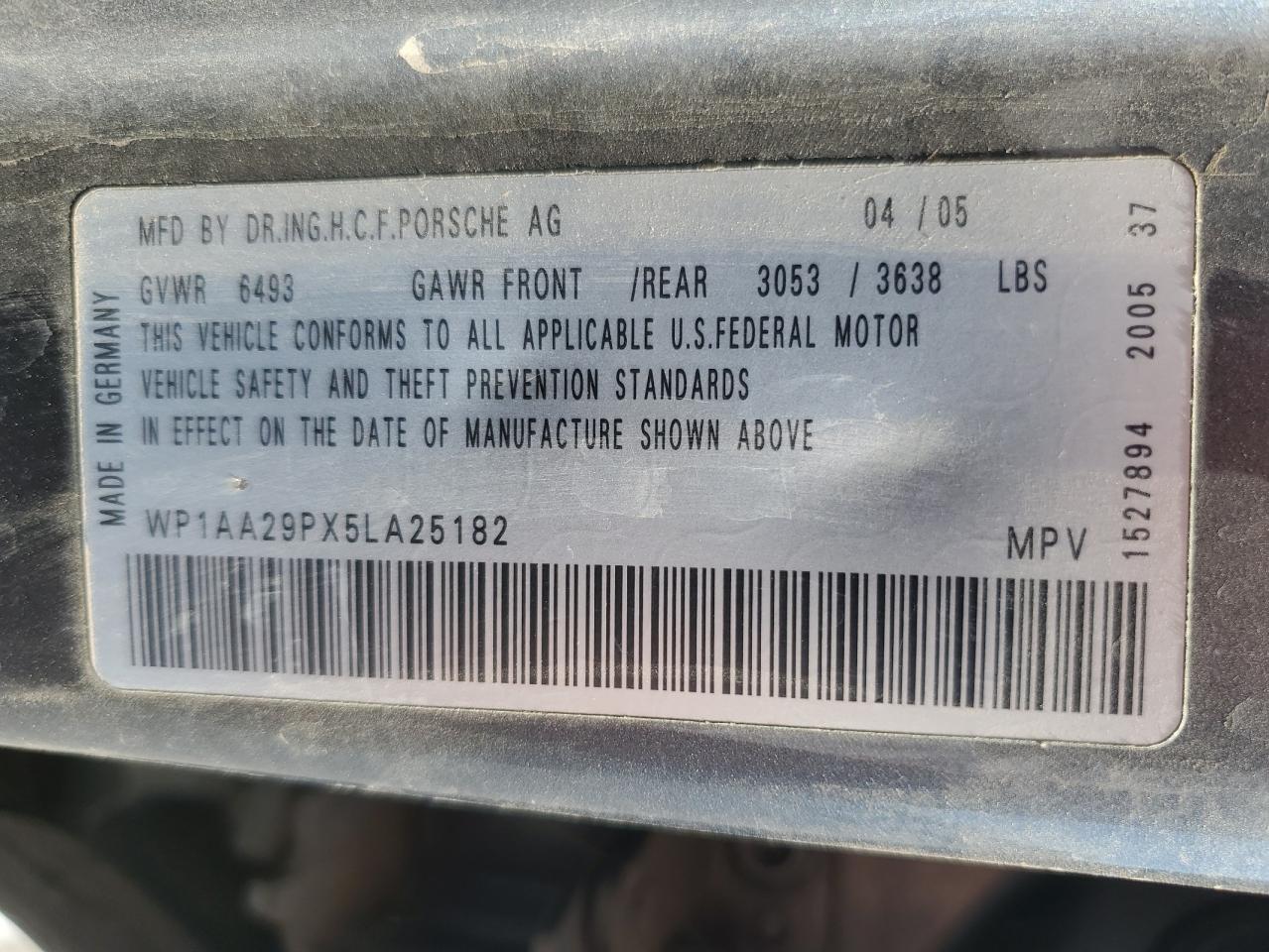 2005 Porsche Cayenne VIN: WP1AA29PX5LA25182 Lot: 59590345