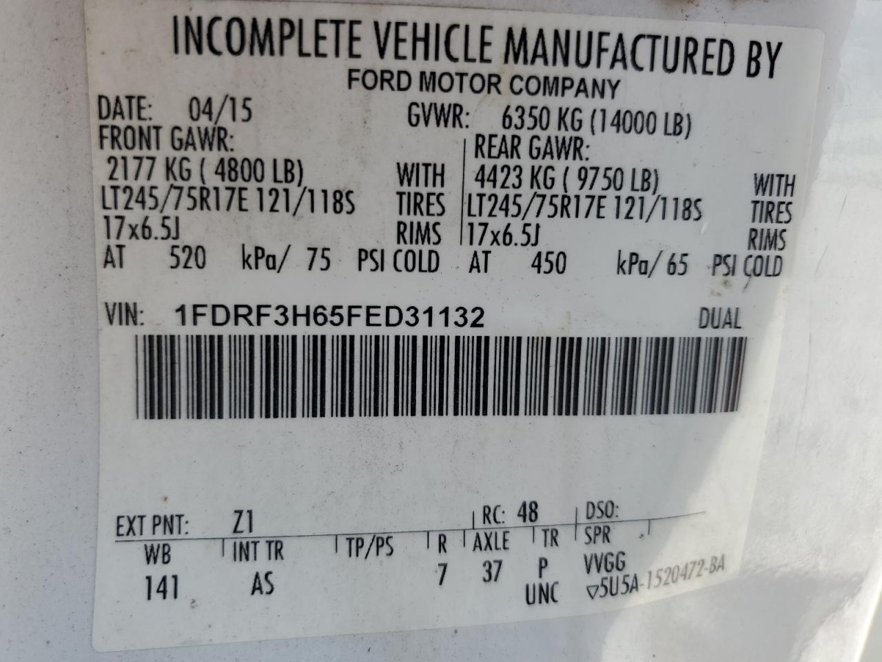 2015 Ford F350 Super Duty VIN: 1FDRF3H65FED31132 Lot: 62551205