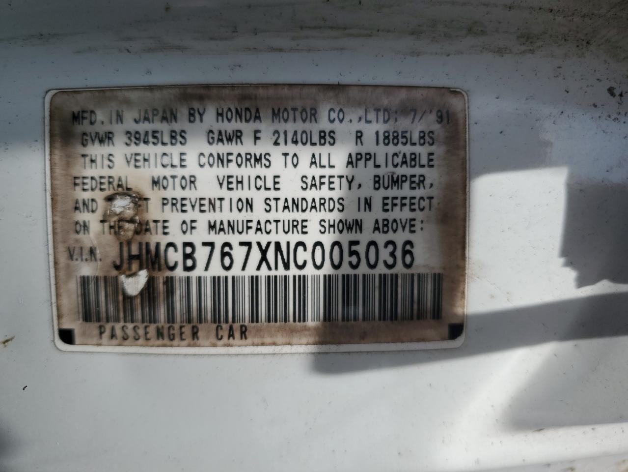 1992 Honda Accord Ex VIN: JHMCB767XNC005036 Lot: 62573565