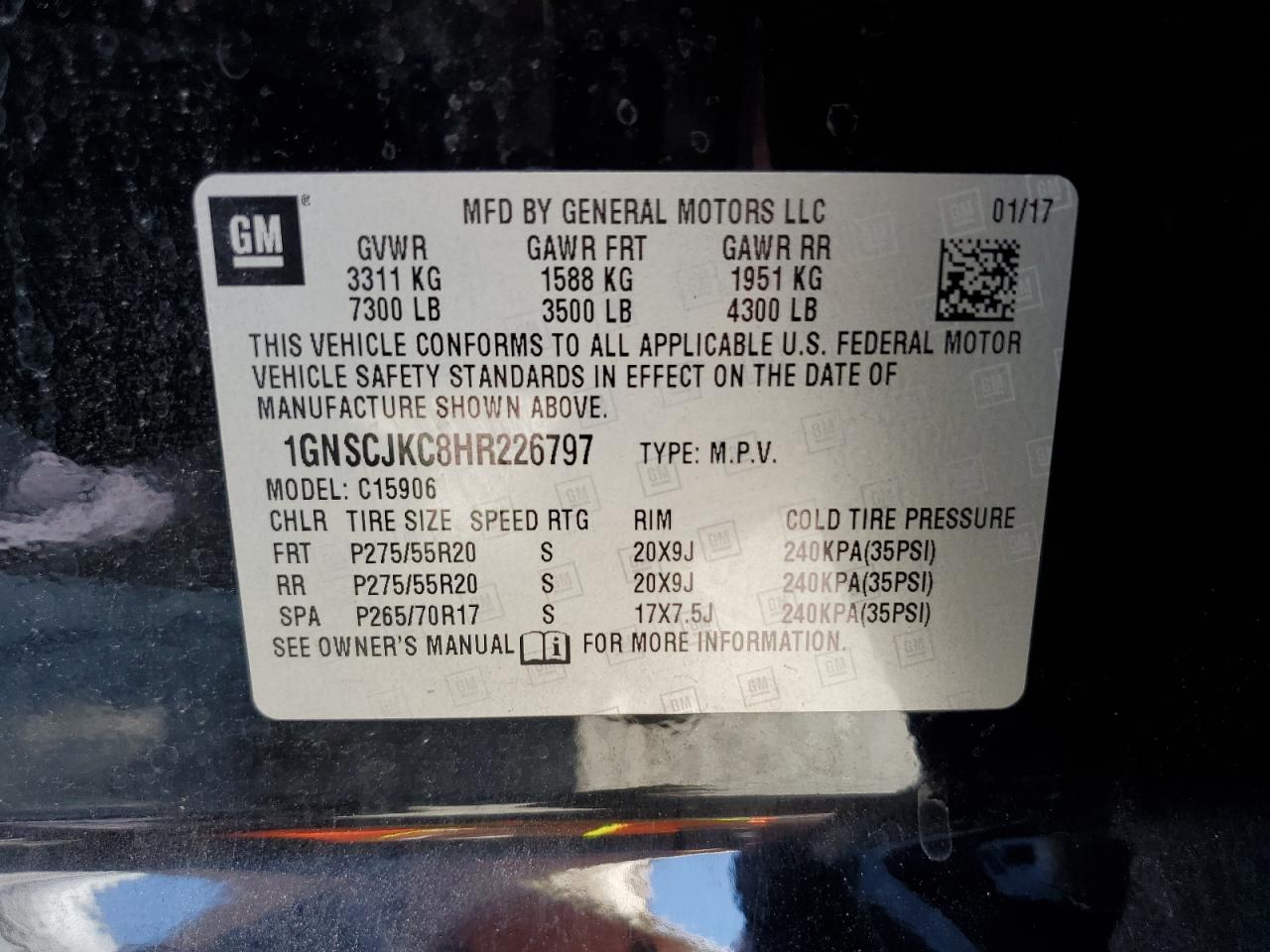 2017 Chevrolet Suburban C1500 Premier VIN: 1GNSCJKC8HR226797 Lot: 62874585