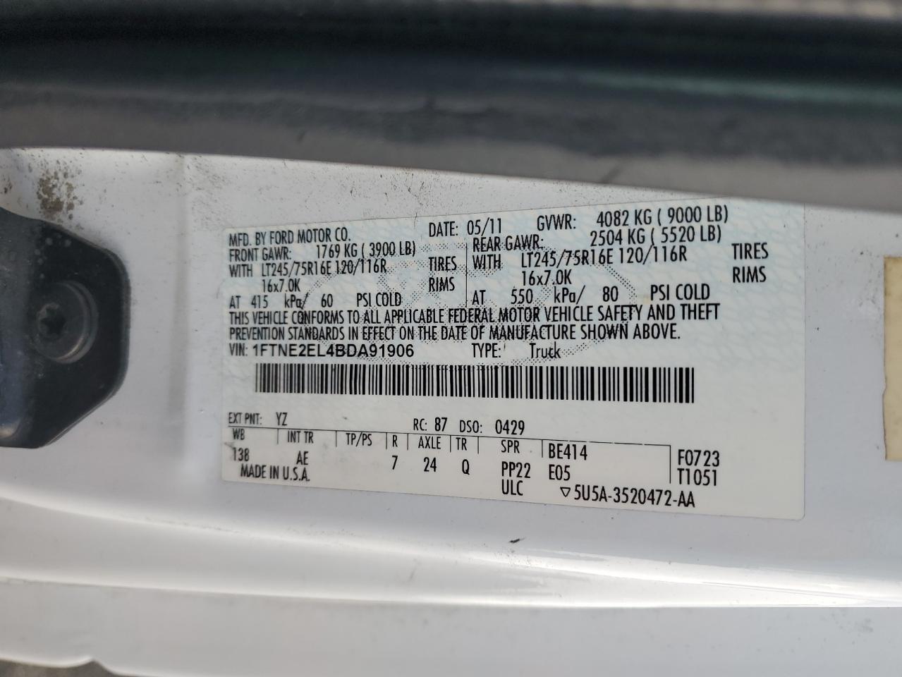 2011 Ford Econoline E250 Van VIN: 1FTNE2EL4BDA91906 Lot: 94840775