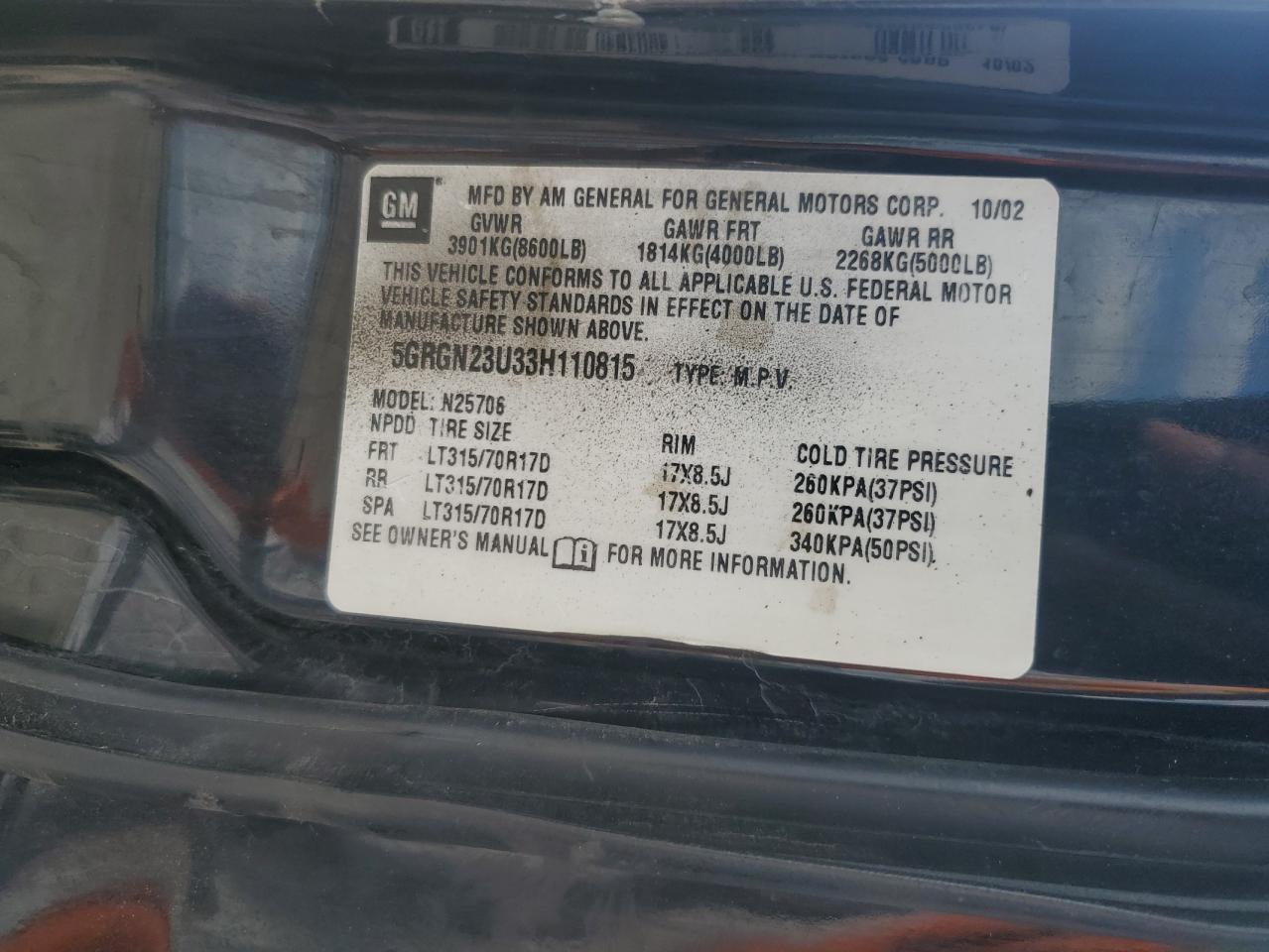 2003 Hummer H2 VIN: 5GRGN23U33H110815 Lot: 62104495