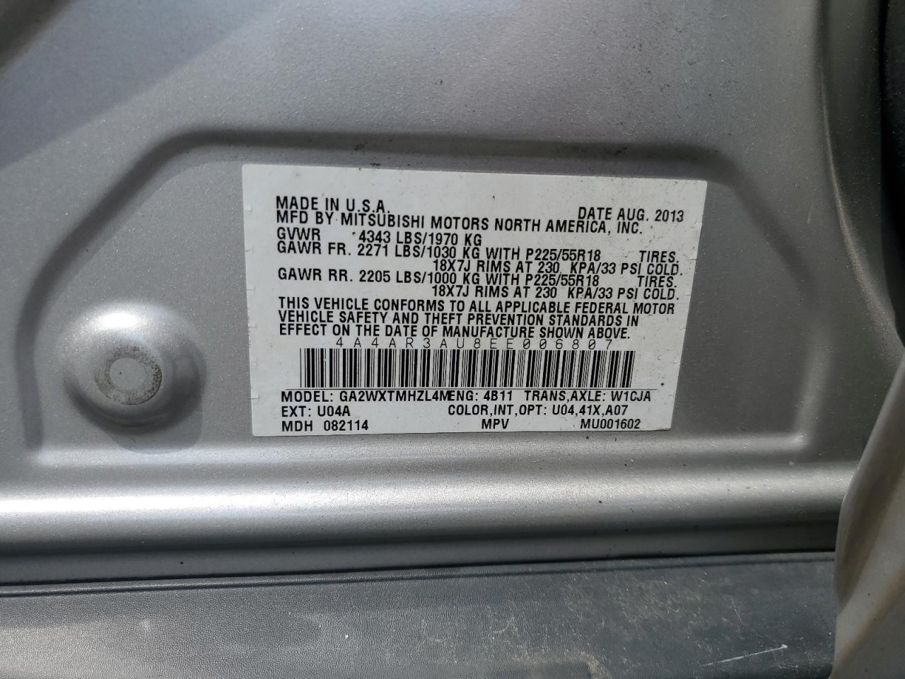 2014 Mitsubishi Outlander Sport Es VIN: 4A4AR3AU8EE006807 Lot: 62924365