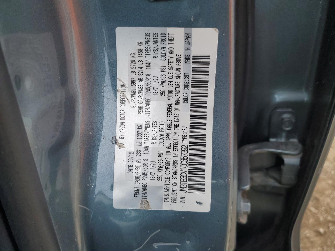 2012 Mazda Cx-9 VIN: JM3TB3CV1C0357392 Lot: 62902135