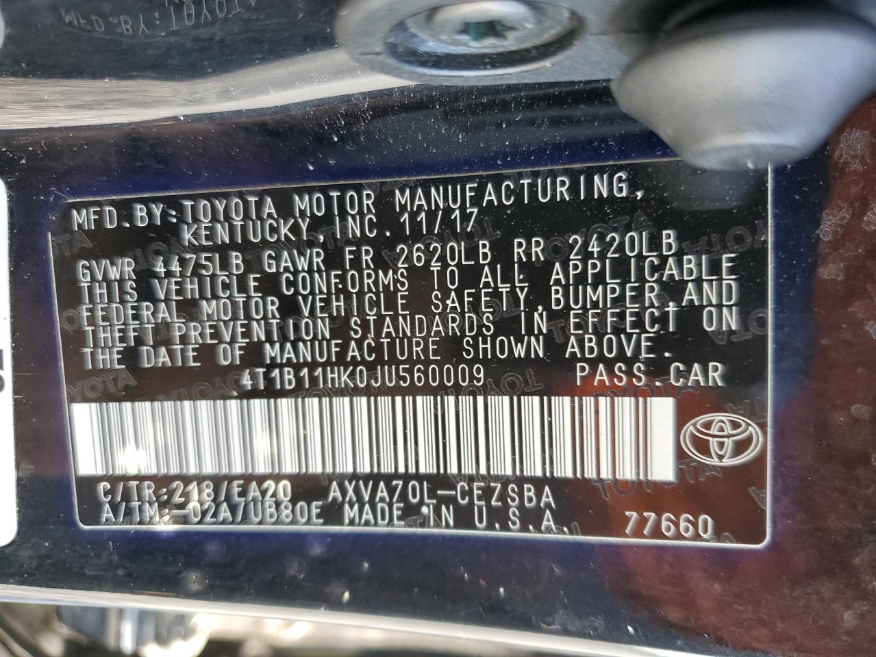 2018 Toyota Camry L VIN: 4T1B11HK0JU560009 Lot: 61396945