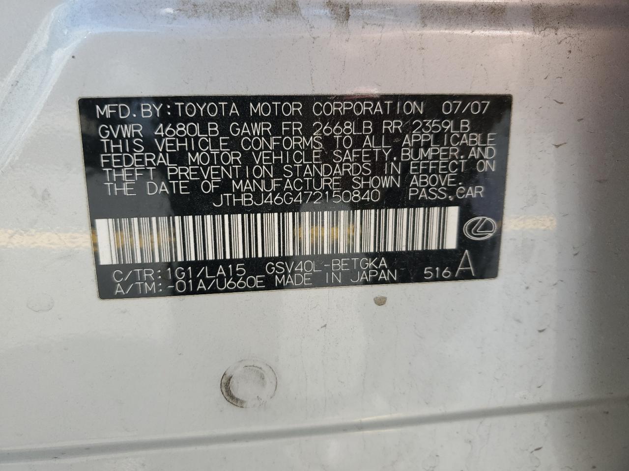 2007 Lexus Es 350 VIN: JTHBJ46G472150840 Lot: 62498015