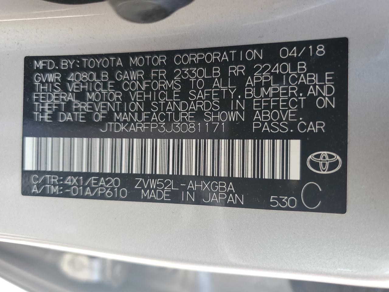 2018 Toyota Prius Prime VIN: JTDKARFP3J3081171 Lot: 61595995