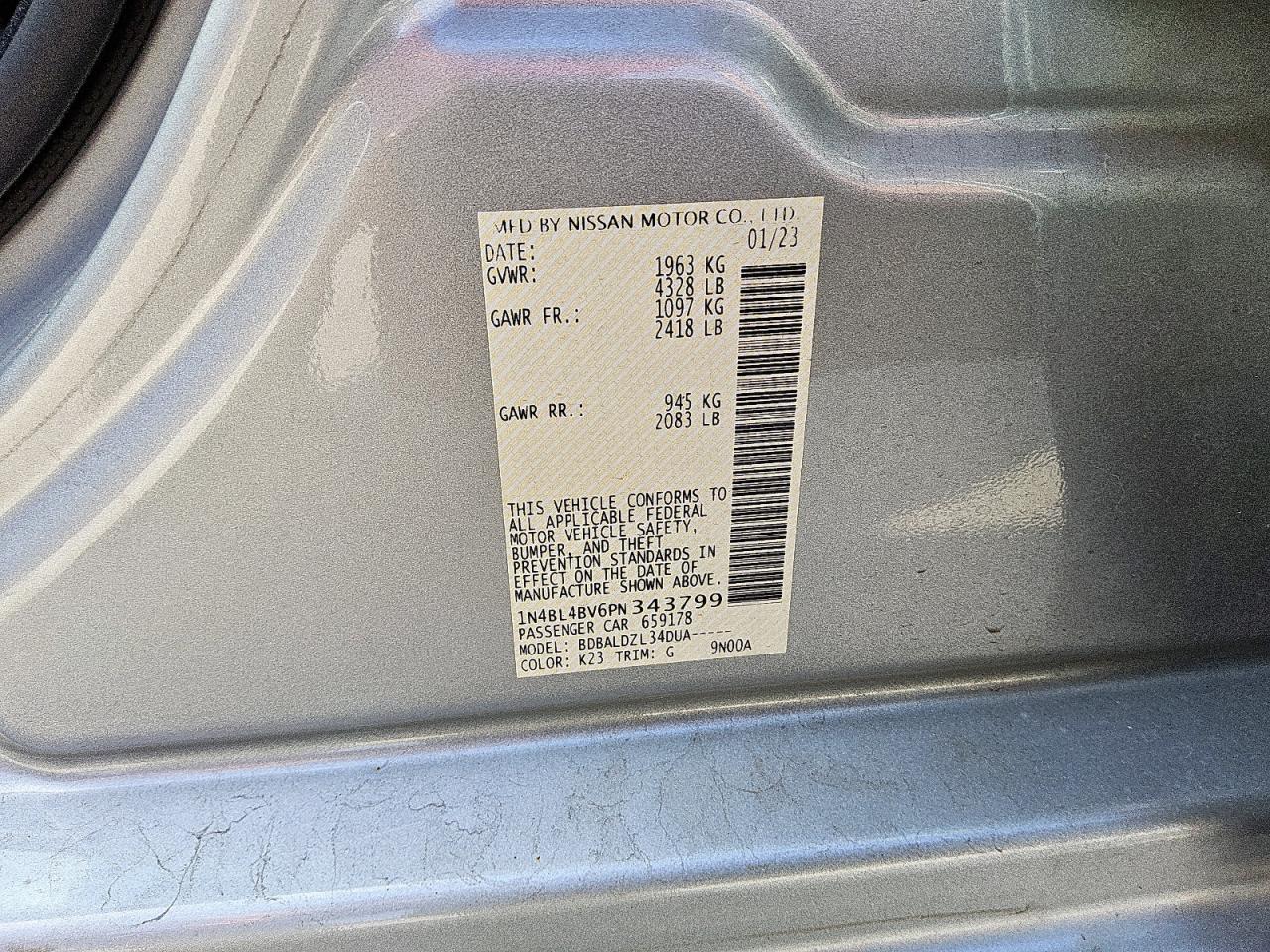 2023 Nissan Altima S VIN: 1N4BL4BV6PN343799 Lot: 61833315