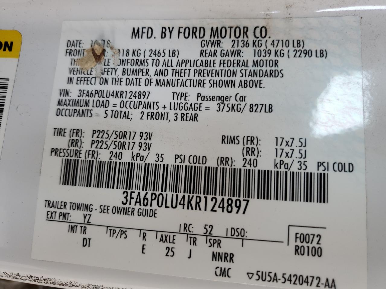 2019 Ford Fusion Se VIN: 3FA6P0LU4KR124897 Lot: 58971965