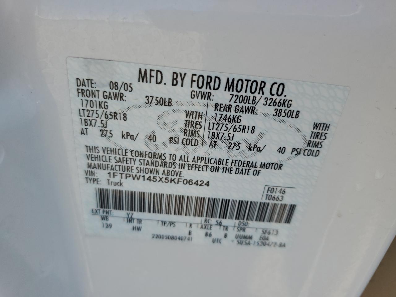2005 Ford F150 Supercrew VIN: 1FTPW145X5KF06424 Lot: 61453005