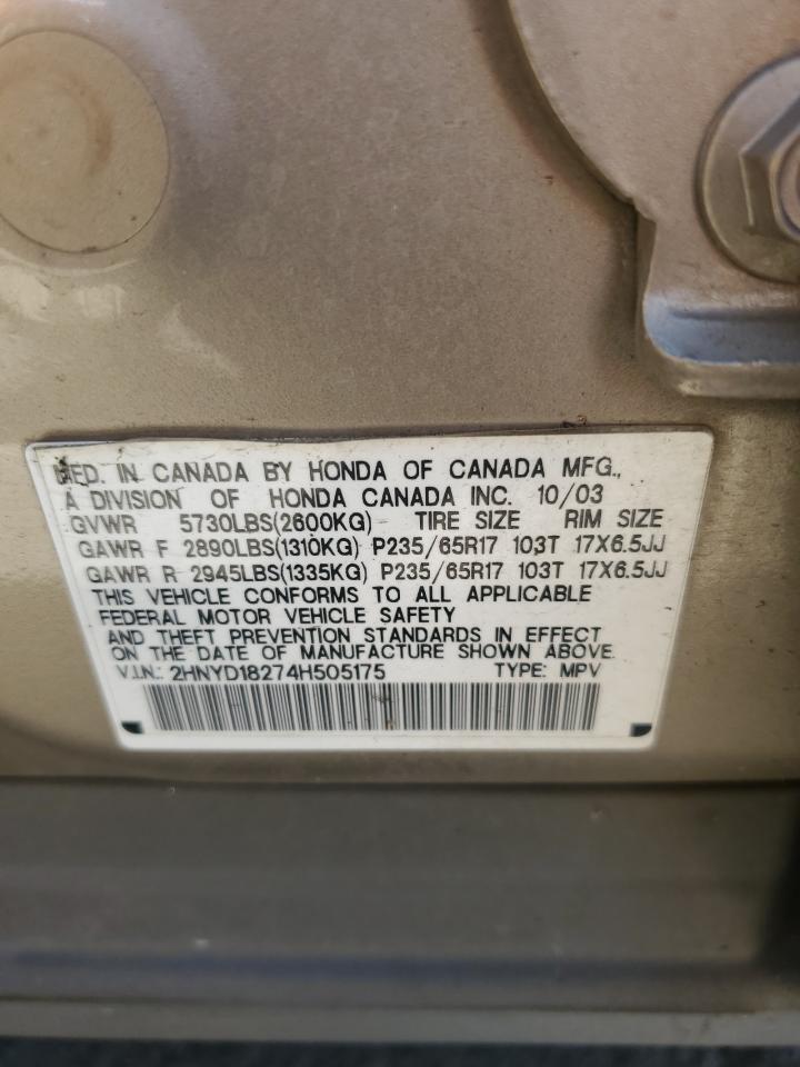 2004 Acura Mdx VIN: 2HNYD18274H505175 Lot: 62954765
