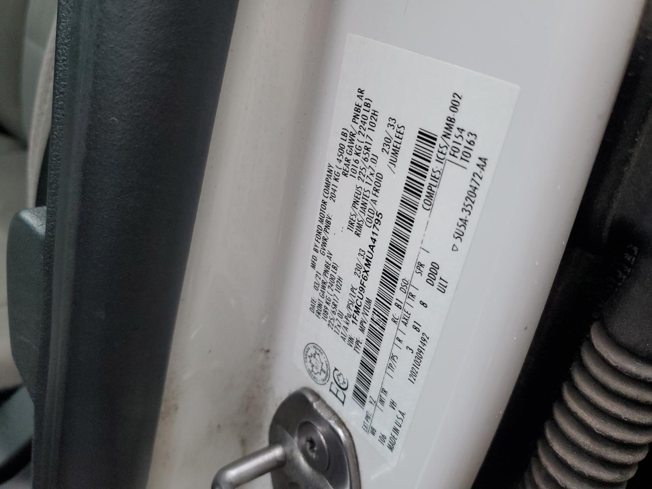 2021 Ford Escape S VIN: 1FMCU9F6XMUA41795 Lot: 61638925