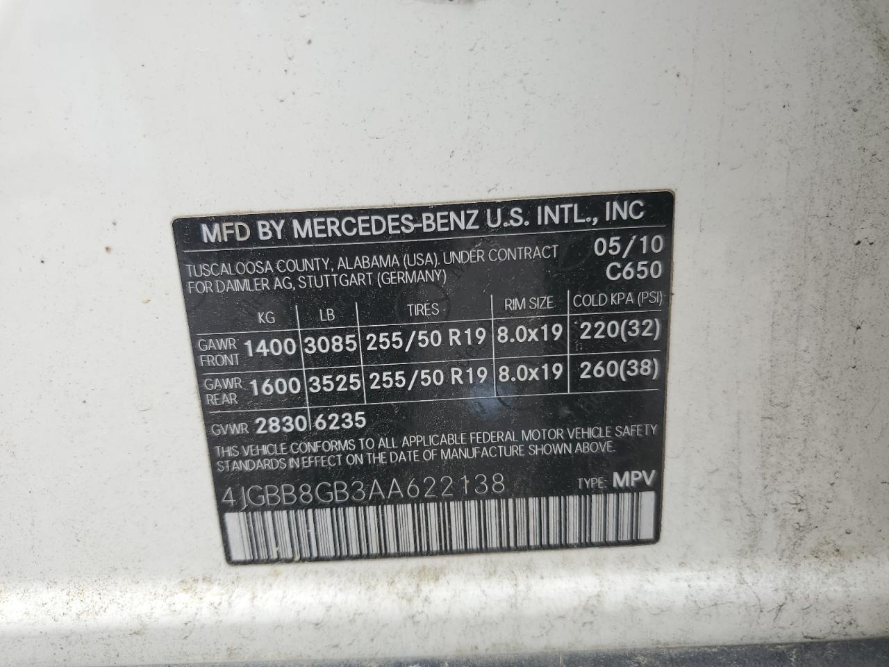 2010 Mercedes-Benz Ml 350 4Matic VIN: 4JGBB8GB3AA622138 Lot: 60275525