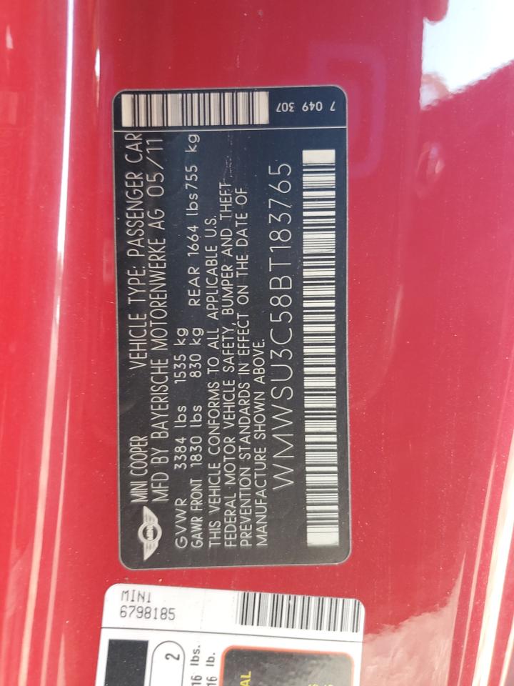 2011 Mini Cooper VIN: WMWSU3C58BT183765 Lot: 63061405