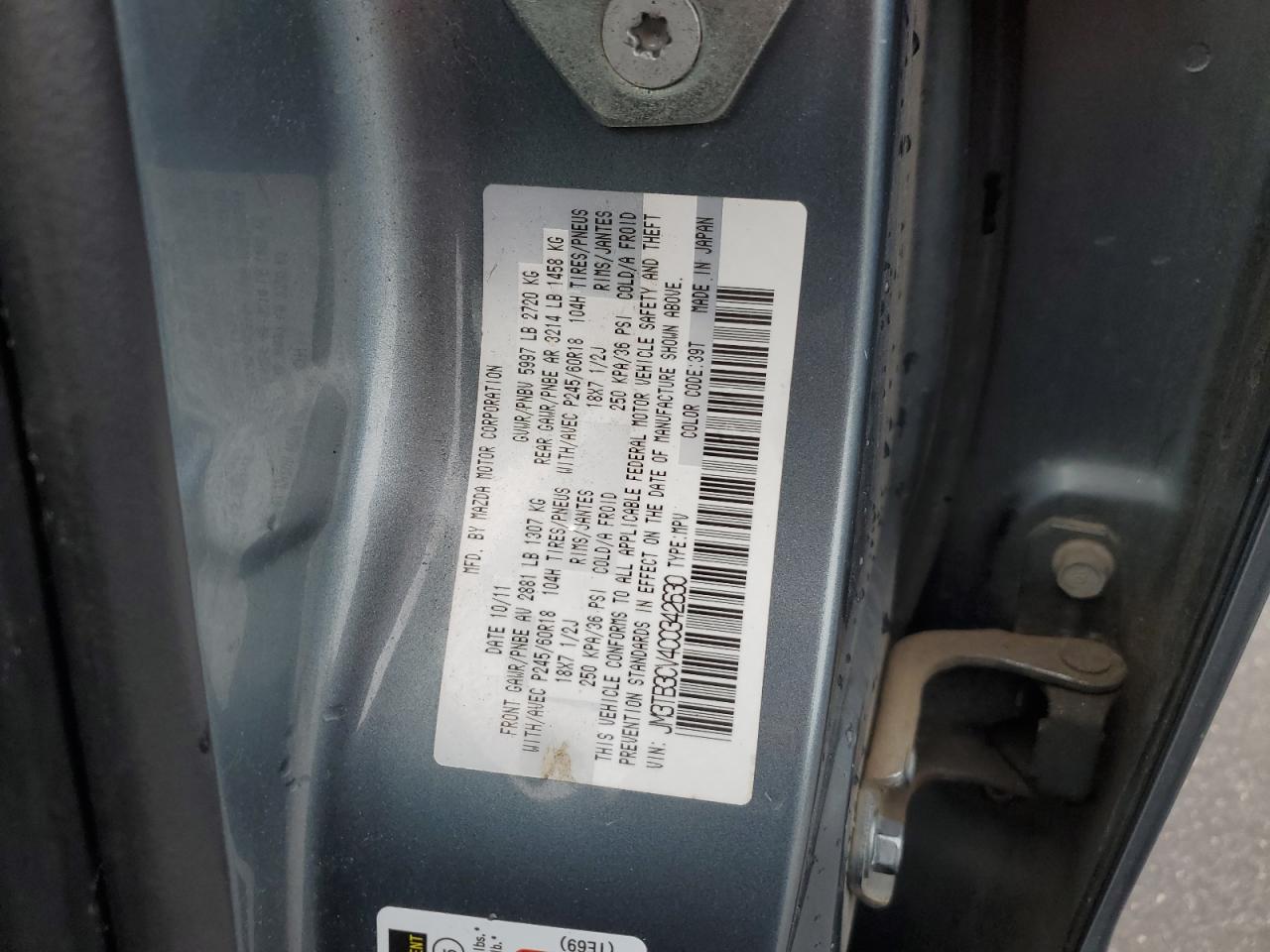 2012 Mazda Cx-9 VIN: JM3TB3CV4C0342630 Lot: 59677265