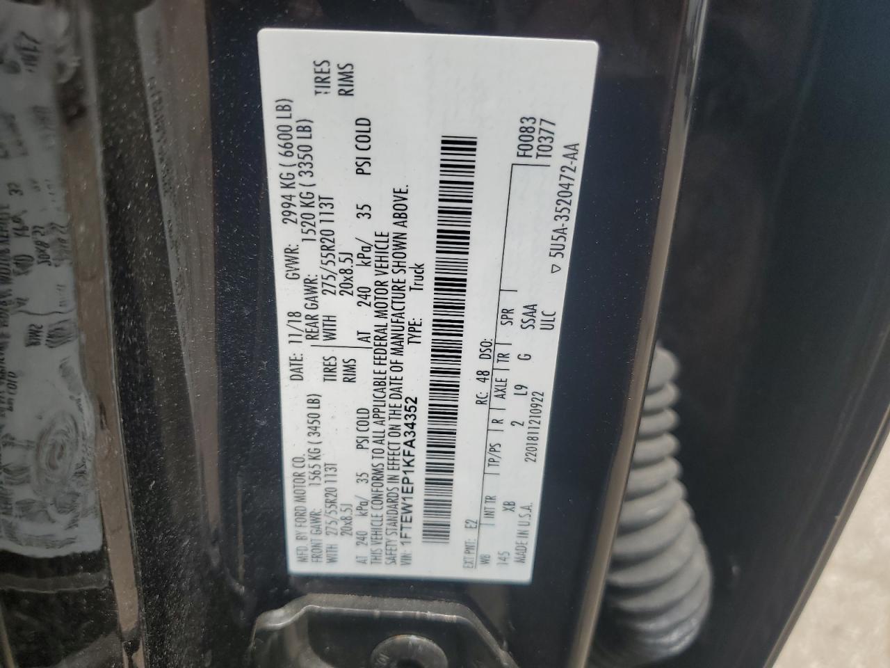 2019 Ford F150 Supercrew VIN: 1FTEW1EP1KFA34352 Lot: 61971495