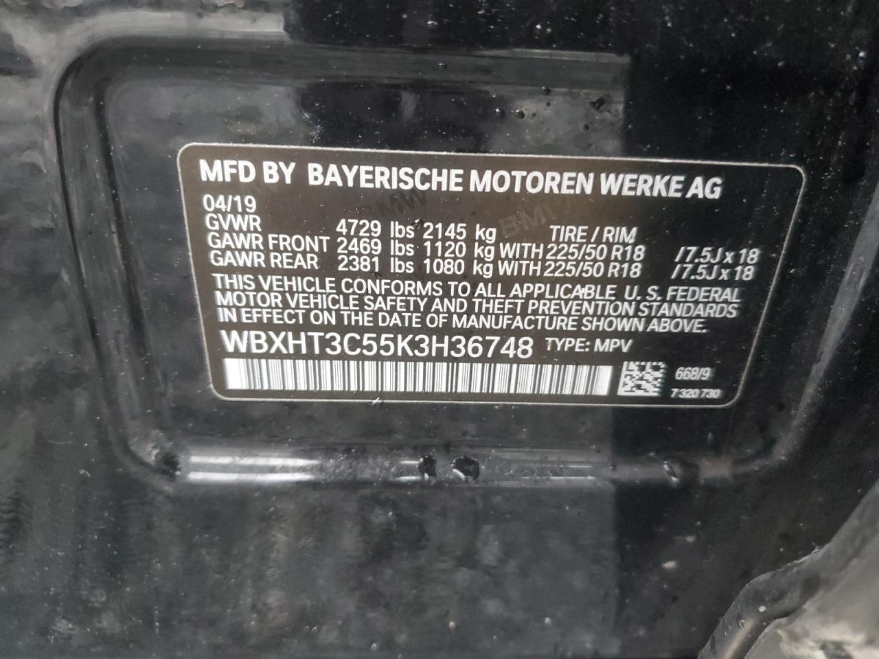2019 BMW X1 xDrive28I VIN: WBXHT3C55K3H36748 Lot: 61012005