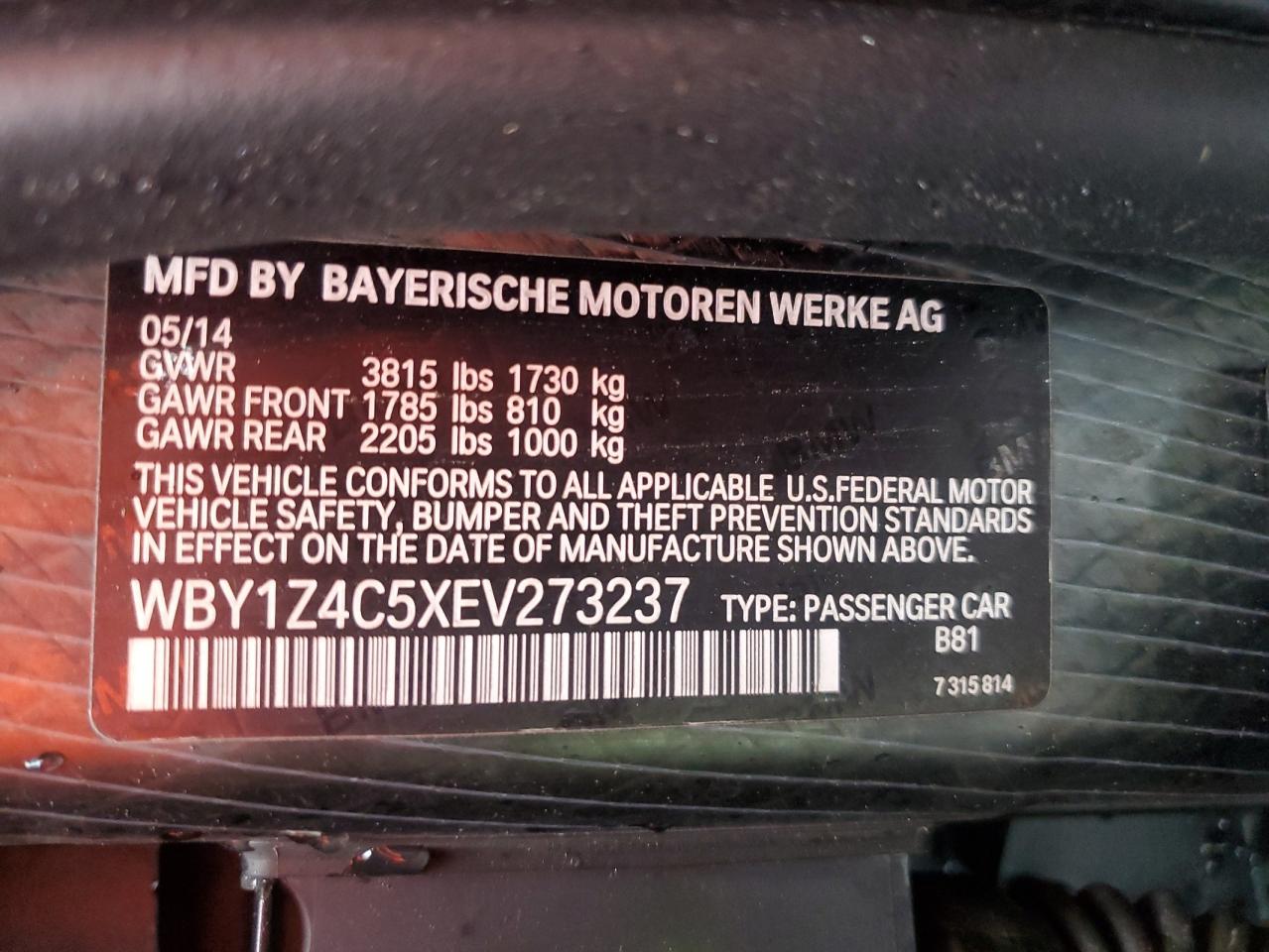 2014 BMW I3 Rex VIN: WBY1Z4C5XEV273237 Lot: 80981755