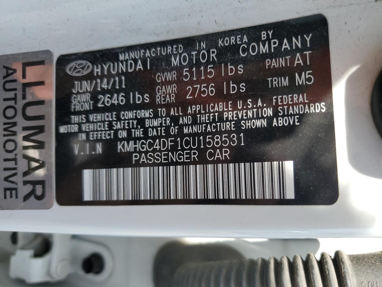 2012 Hyundai Genesis 4.6L VIN: KMHGC4DF1CU158531 Lot: 61757965