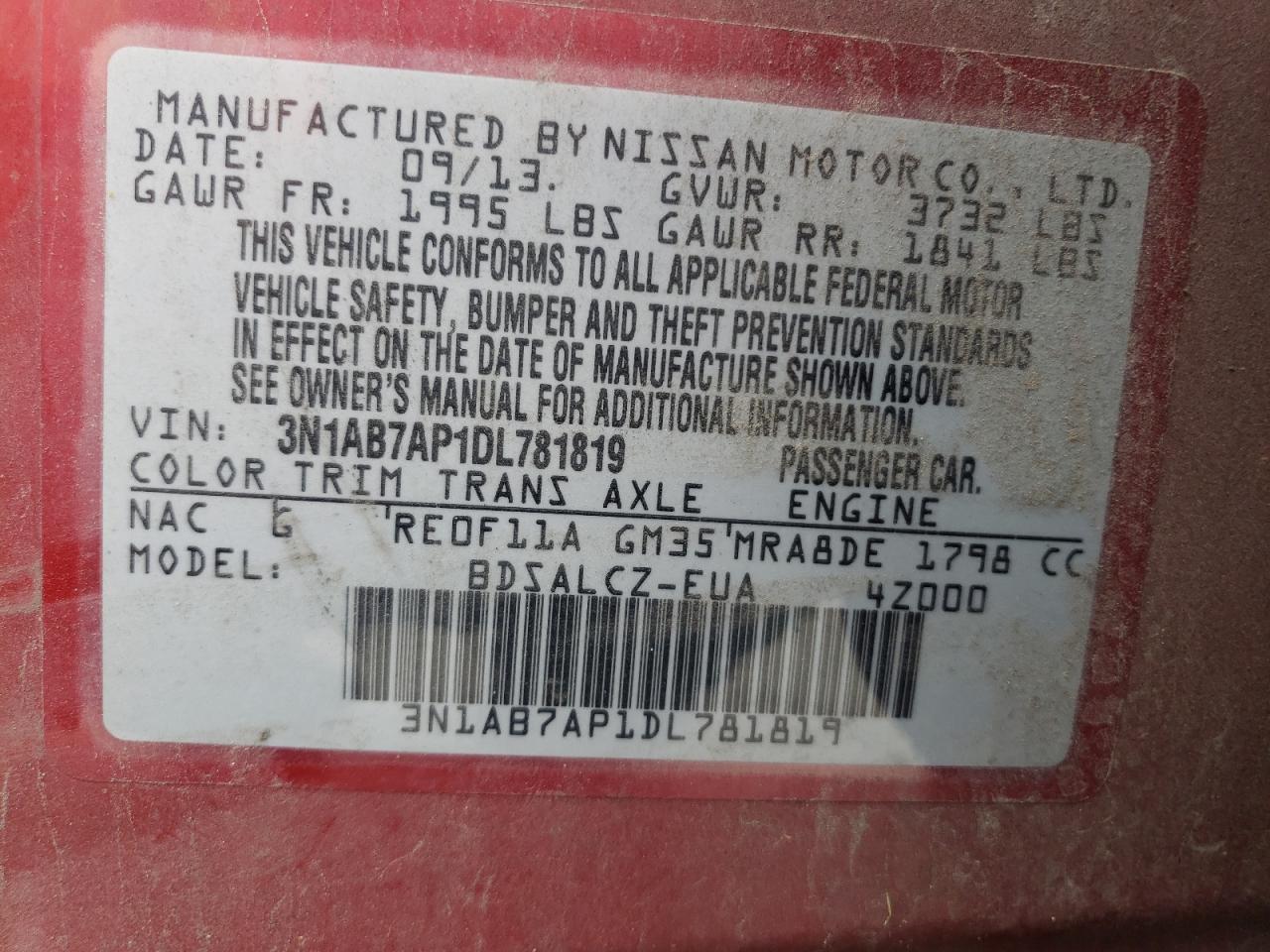 2013 Nissan Sentra S VIN: 3N1AB7AP1DL781819 Lot: 62730955