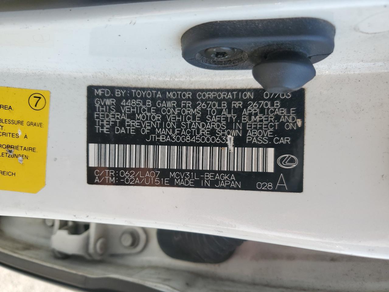 2004 Lexus Es 330 VIN: JTHBA30G845000632 Lot: 60742675