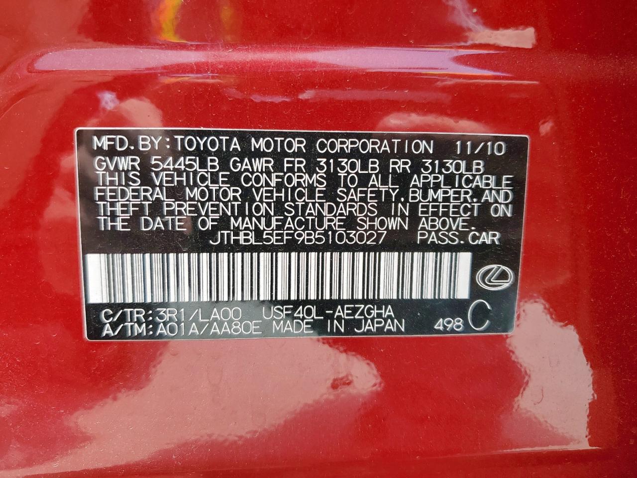 2011 Lexus Ls 460 VIN: JTHBL5EF9B5103027 Lot: 62191975