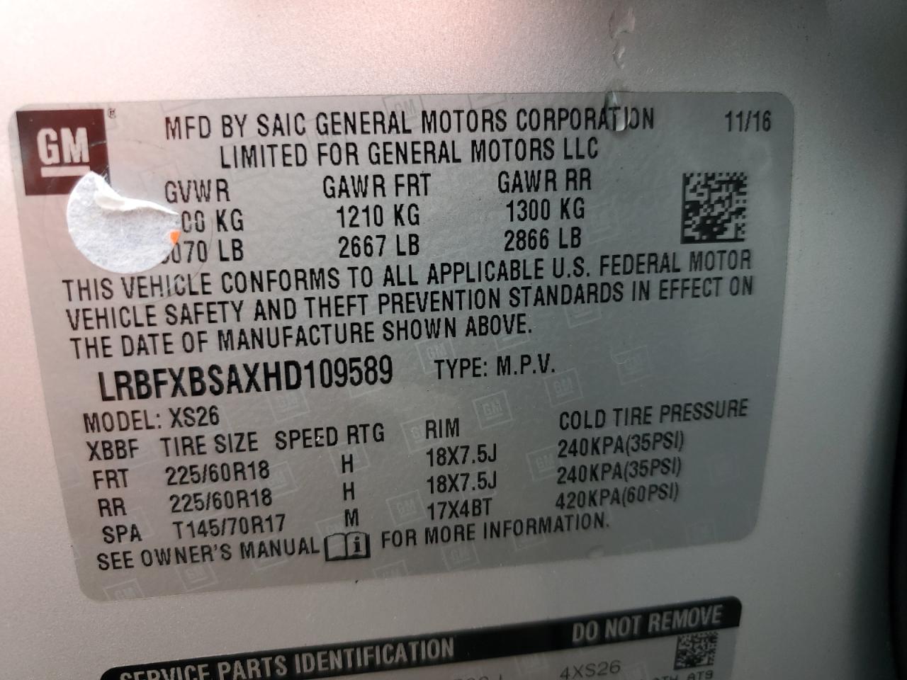 2017 Buick Envision Essence VIN: LRBFXBSAXHD109589 Lot: 59900215