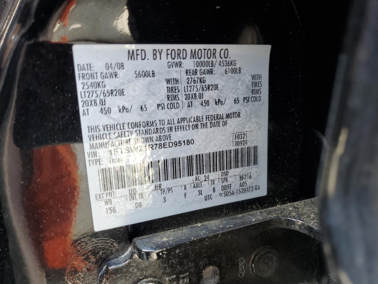 FORD F250 2008 VIN 1FTSW21R78ED95180 photo 13