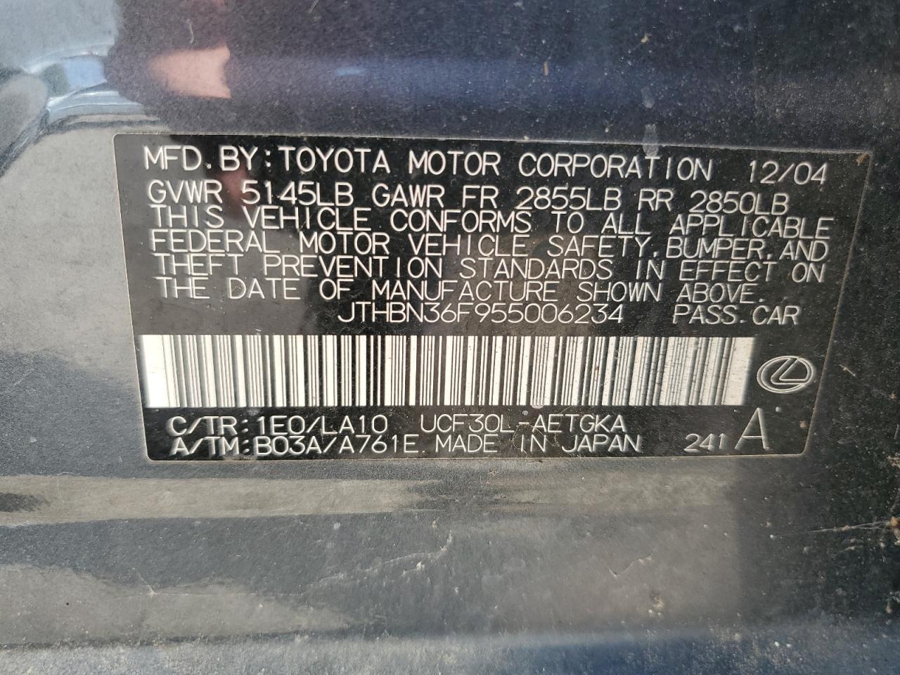 2005 Lexus Ls 430 VIN: JTHBN36F955006234 Lot: 61842795