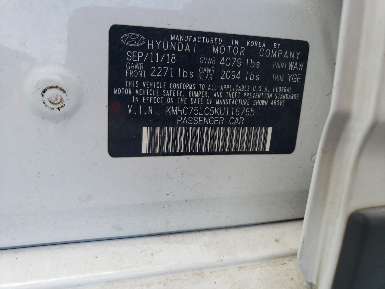 2019 Hyundai Ioniq Sel VIN: KMHC75LC5KU116765 Lot: 61848965