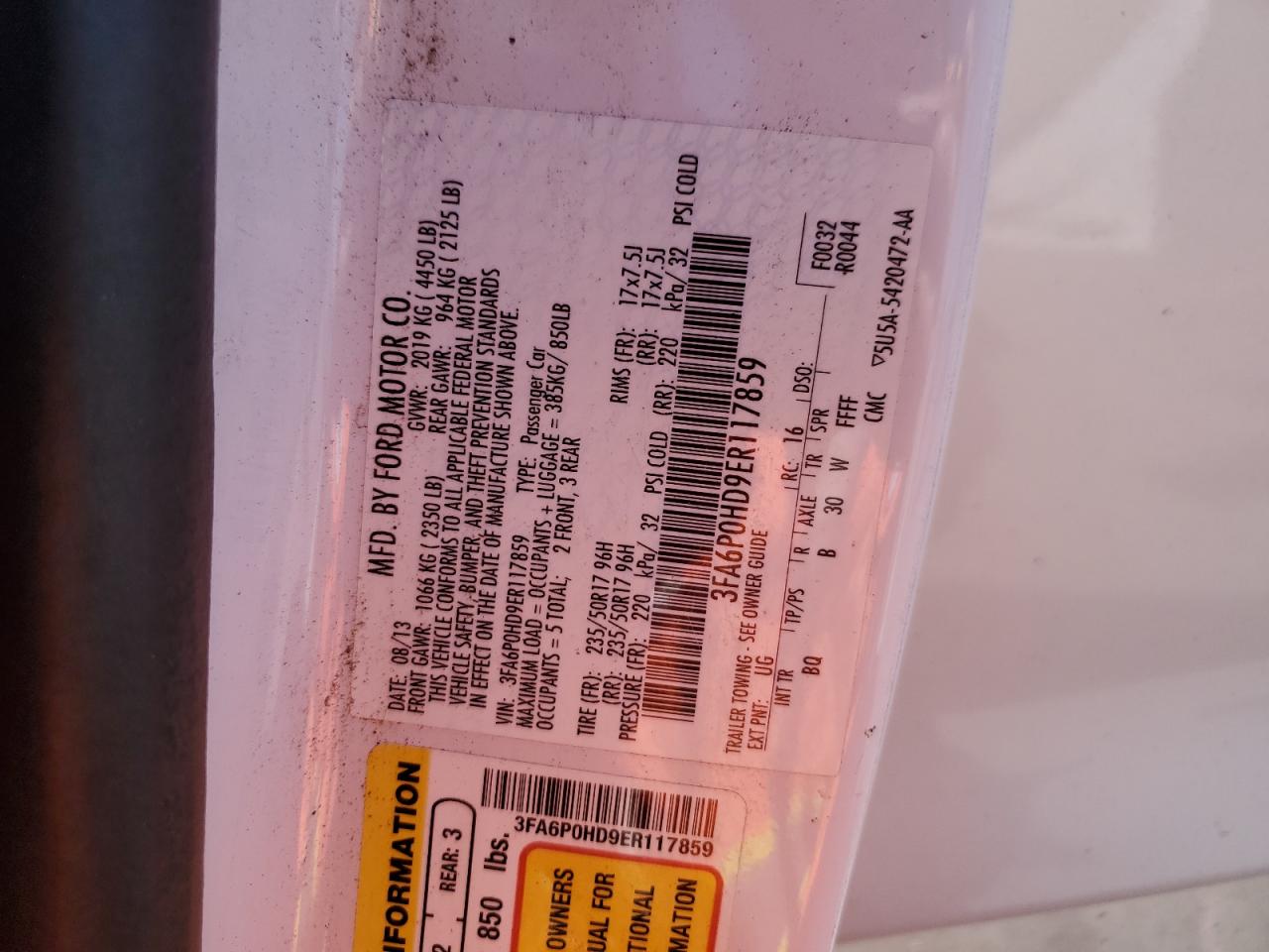2014 Ford Fusion Se VIN: 3FA6P0HD9ER117859 Lot: 62922575