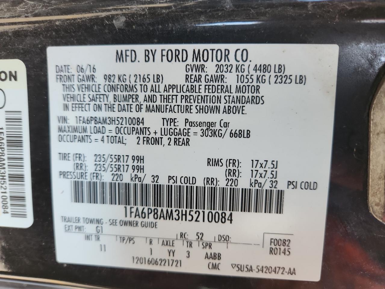 2017 Ford Mustang VIN: 1FA6P8AM3H5210084 Lot: 62187055