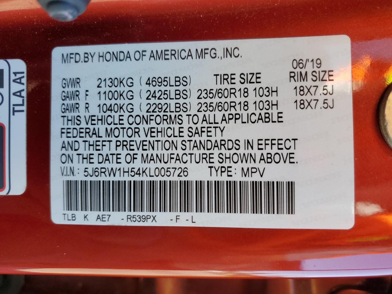 2019 Honda Cr-V Ex VIN: 5J6RW1H54KL005726 Lot: 61212785