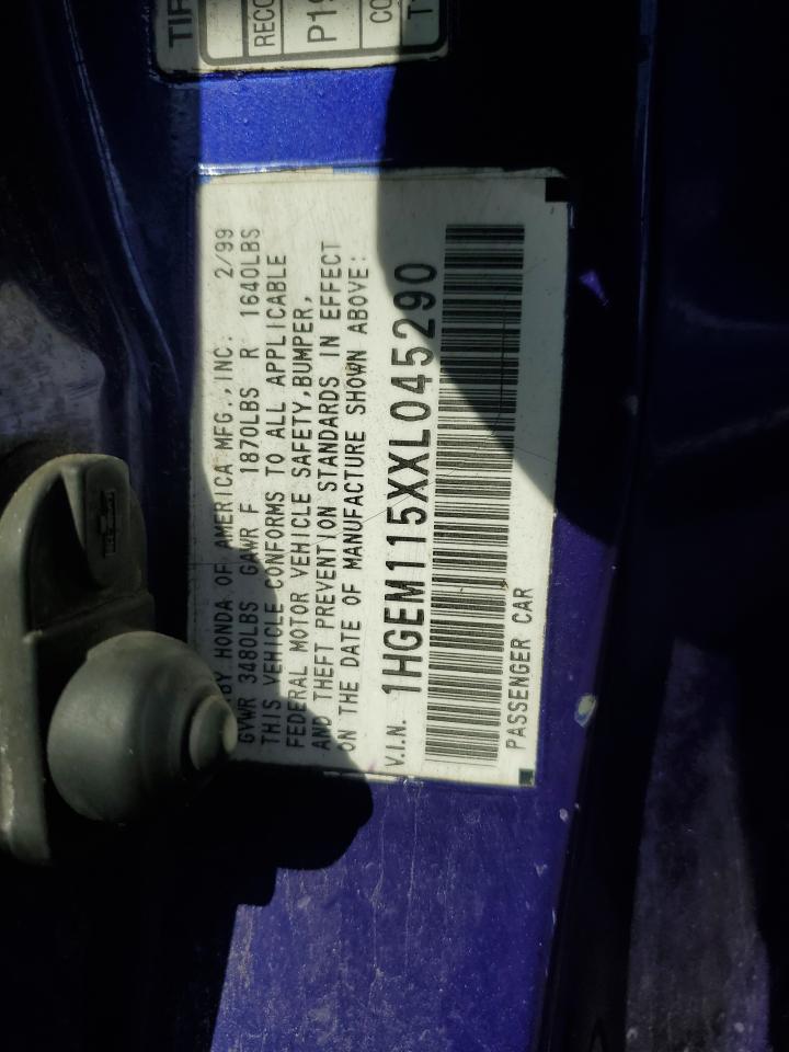 1999 Honda Civic Si VIN: 1HGEM115XXL045290 Lot: 59222585