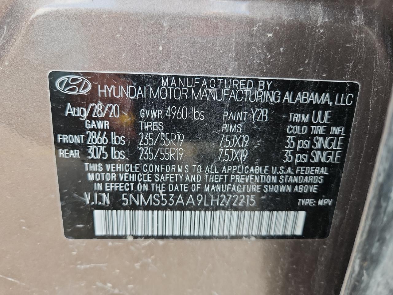 2020 Hyundai Santa Fe Limited VIN: 5NMS53AA9LH272215 Lot: 62528525