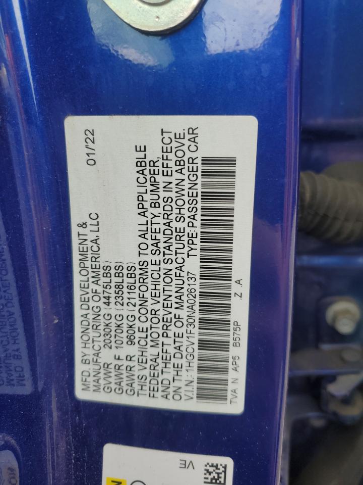 2022 Honda Accord Sport VIN: 1HGCV1F30NA026137 Lot: 62324945